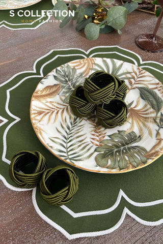 Valeria Design Embroidered Placemat Set - Green Colour Waterproof Fabric - 6 Persons - 18 Pcs.