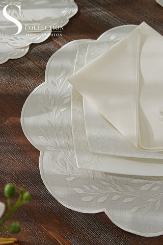 Chantal Off White Design Placemat Set - Waterproof Fabric - 6 Persons - 24 Pcs. Full Set