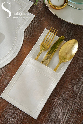 Graceful Off White Design Placemat Set - Waterproof Fabric - 6 Persons - 24 Pcs. Full Set