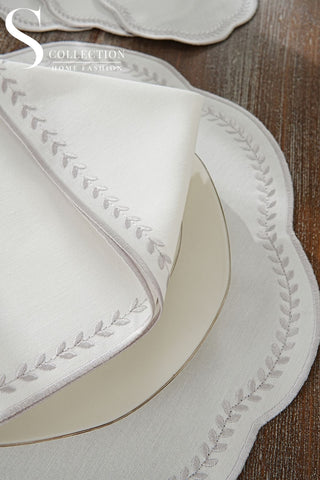 Leafy Allure Silver Design Placemat Set - Waterproof Fabric - 6 Persons - 24 Pcs. Full Set