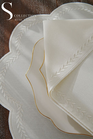 Leafy Allure Off White Design Placemat Set - Waterproof Fabric - 6 Persons - 24 Pcs. Full Set