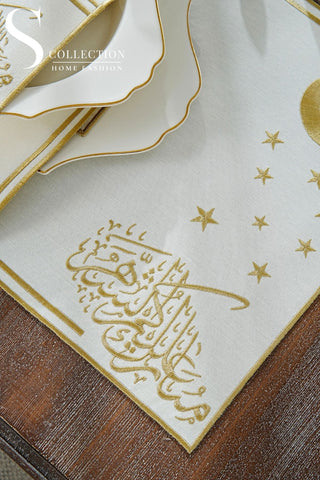 Ramadan Design Gold Stellar Serenity Full Placemat Set - With Bread Basket Napkin and Runner - 6 Persons - 26 Pcs.
