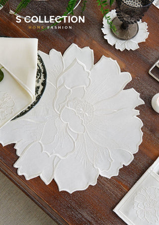 Eloise Off White Design Placemat Set - Waterproof Fabric - 6 Persons - 24 Pcs. Full Set